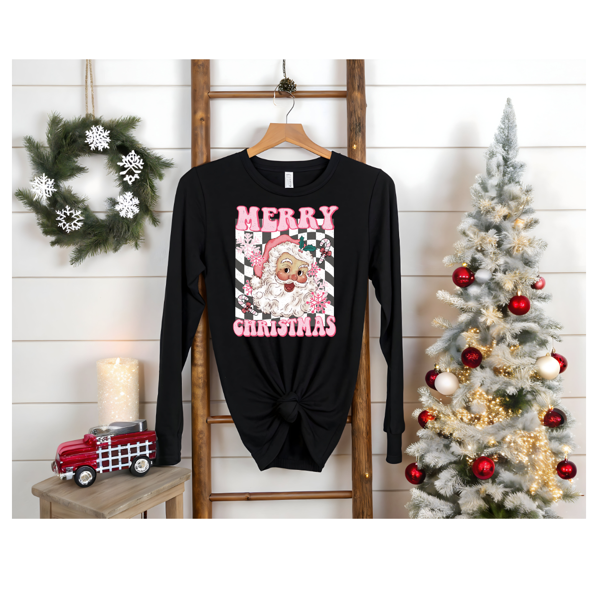 Santa Pink Retro "Merry Christmas" Long Sleeve Tee