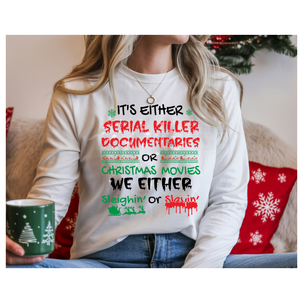 True Crime Funny Christmas Long Sleeve Tee - "Serial Killer Documentaries or Christmas Movies" Holiday Shirt