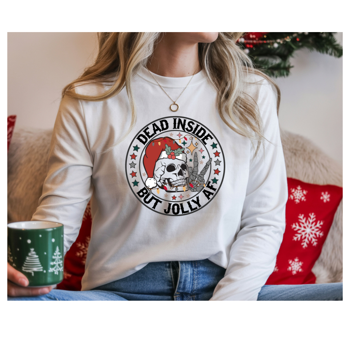 Dead Inside But Jolly AF Long Sleeve Tee — Funny Christmas Skull Holiday Shirt
