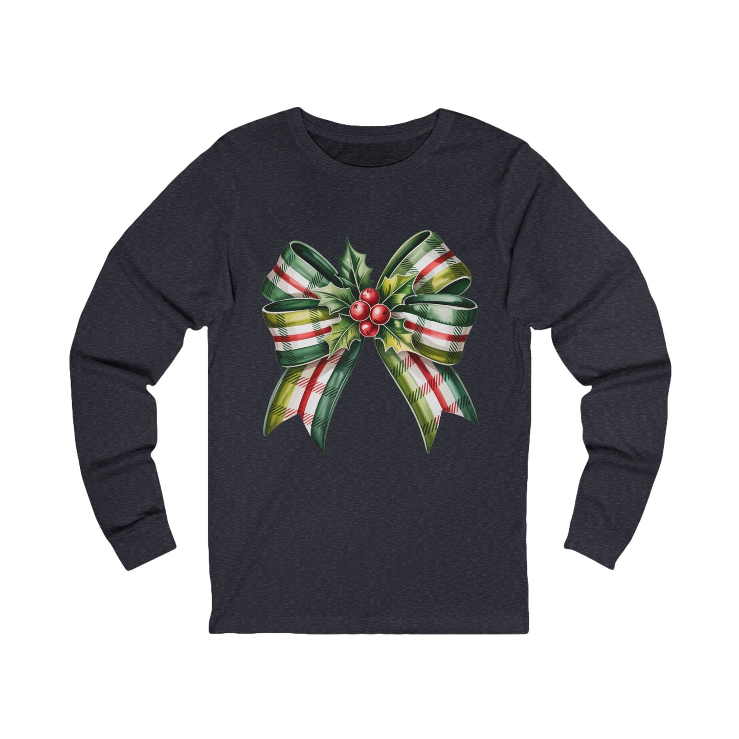 Christmas Plaid Bow Long Sleeve Tee — Holiday Holly Ribbon Shirt