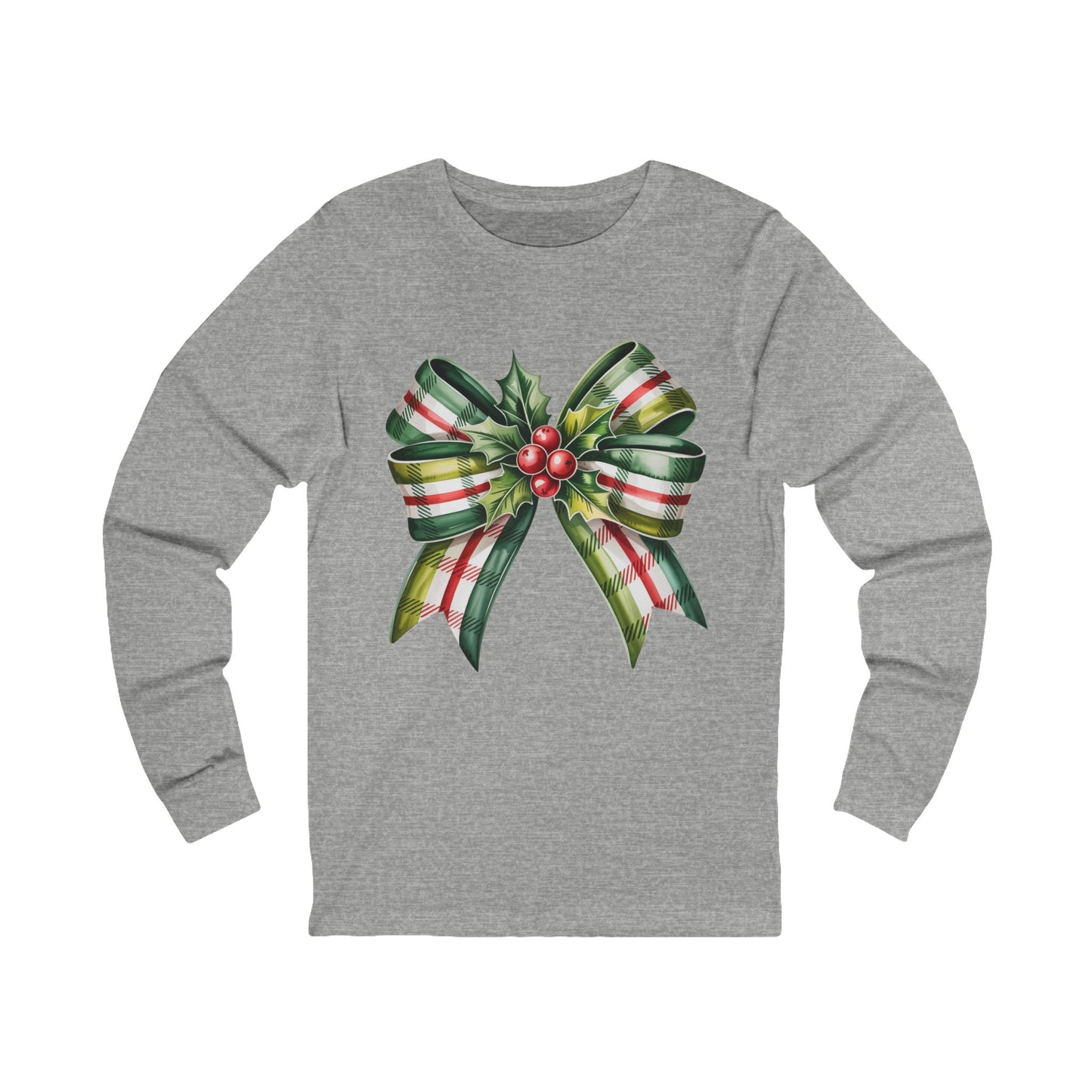 Christmas Plaid Bow Long Sleeve Tee — Holiday Holly Ribbon Shirt