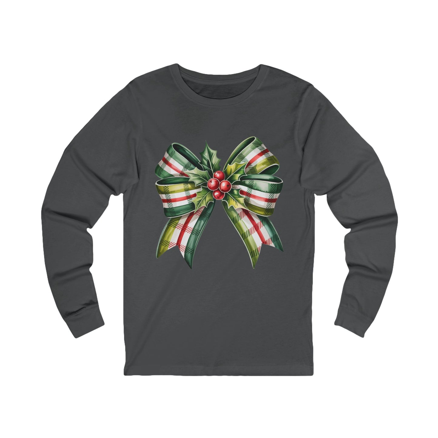 Christmas Plaid Bow Long Sleeve Tee — Holiday Holly Ribbon Shirt