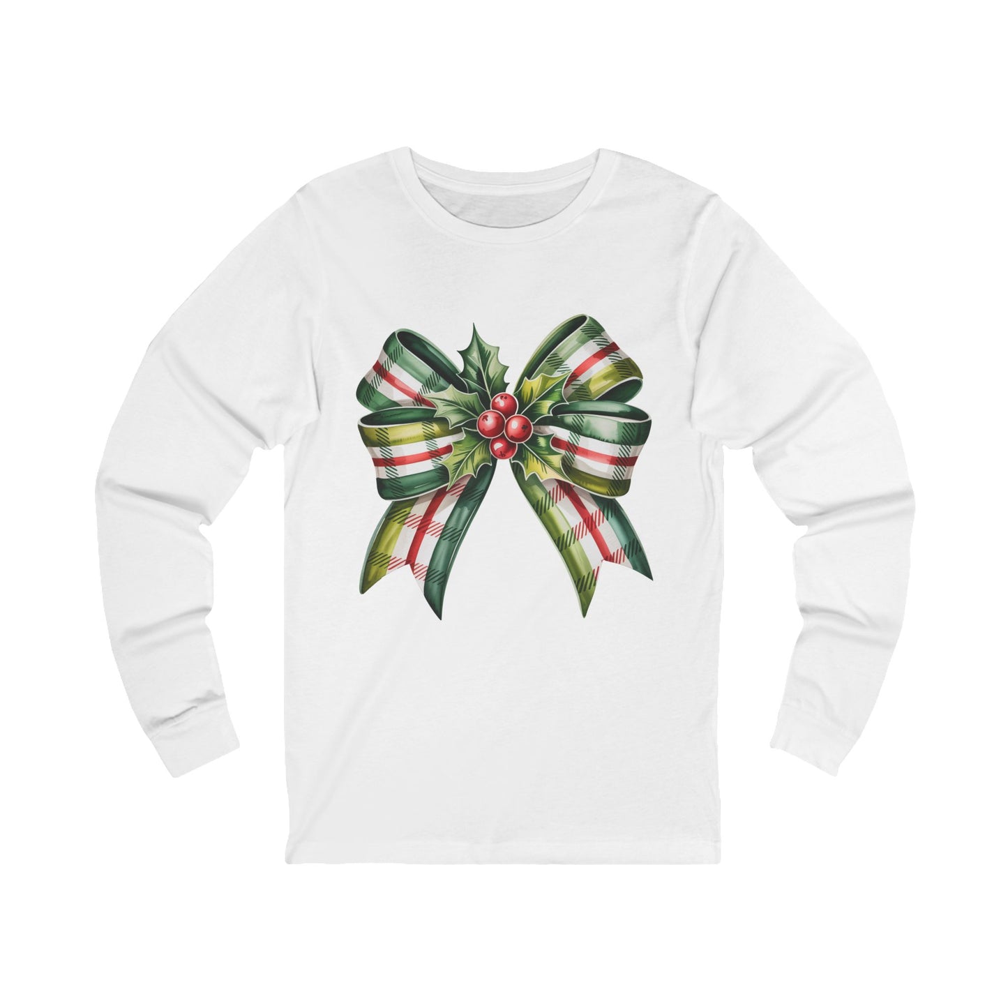 Christmas Plaid Bow Long Sleeve Tee — Holiday Holly Ribbon Shirt