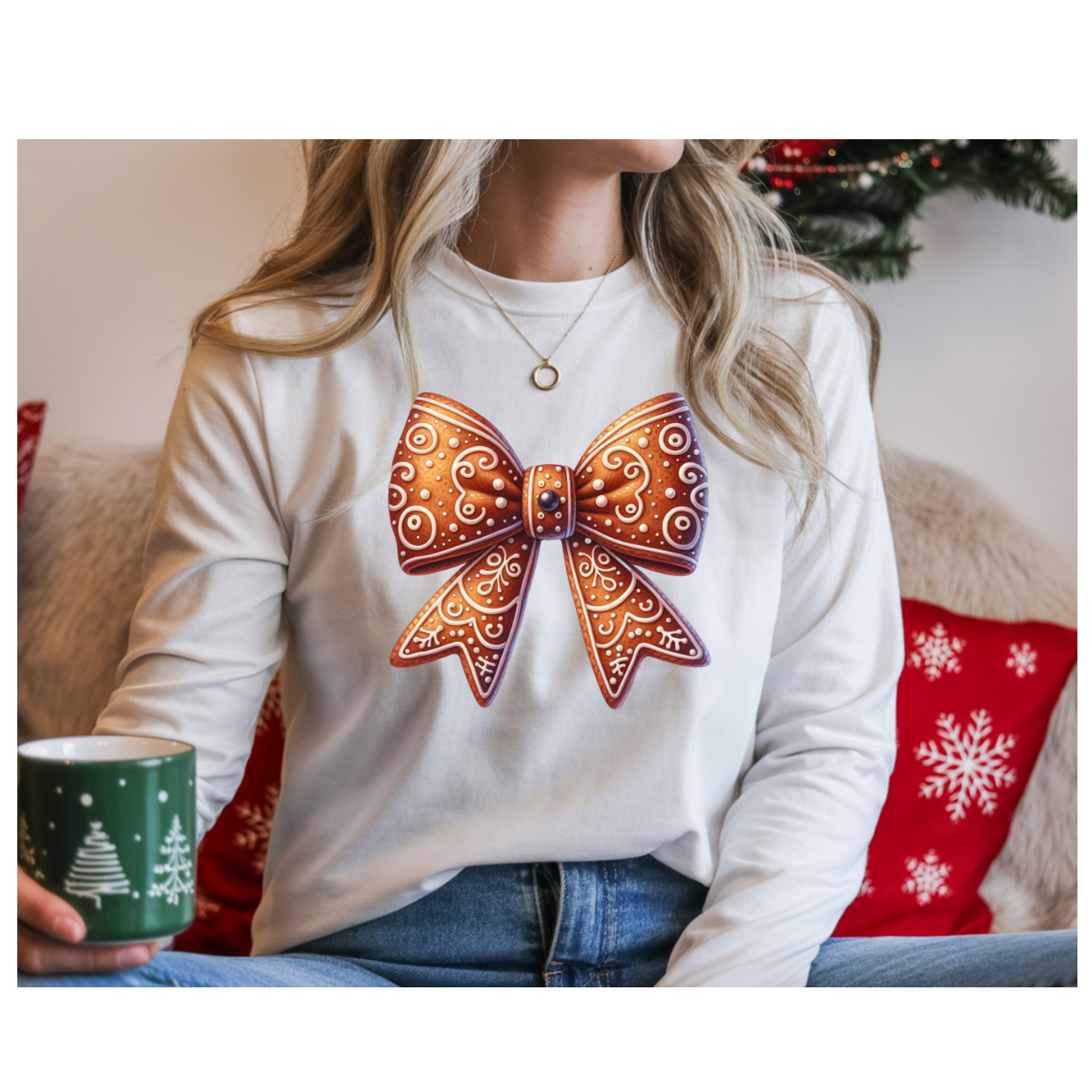 Bow Graphic Long Sleeve Tee — Gingerbread Bow Holiday Shirt