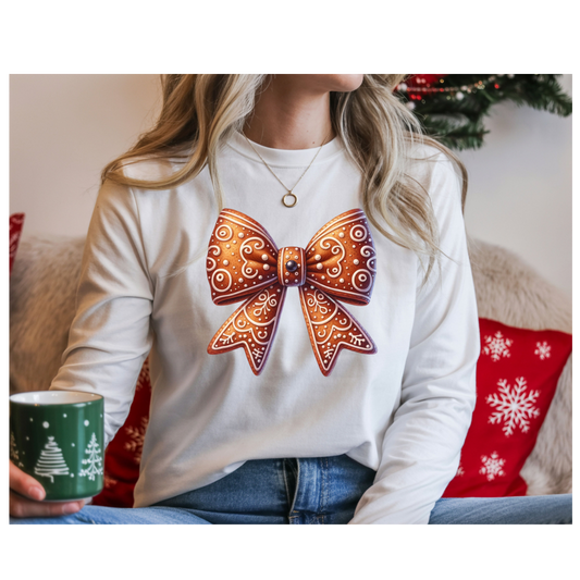 Bow Graphic Long Sleeve Tee — Gingerbread Bow Holiday Shirt