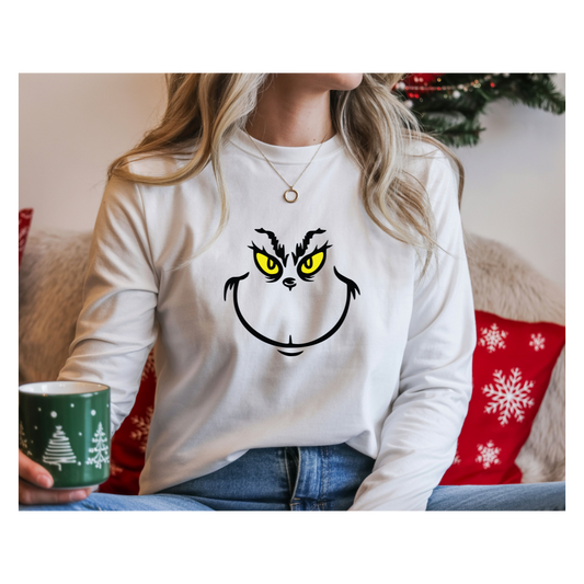 Grinch Smile Long Sleeve Tee — Mischievous Holiday Graphic Shirt