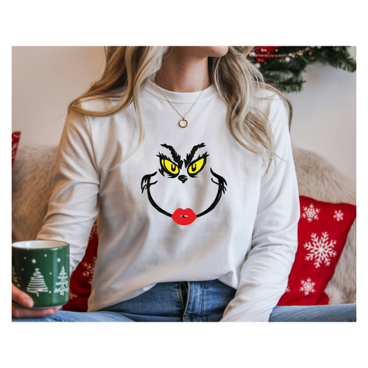 Grinch-Inspired Lipstick Smirk Long Sleeve Tee — Yellow Eyes & Red Lips Holiday Shirt