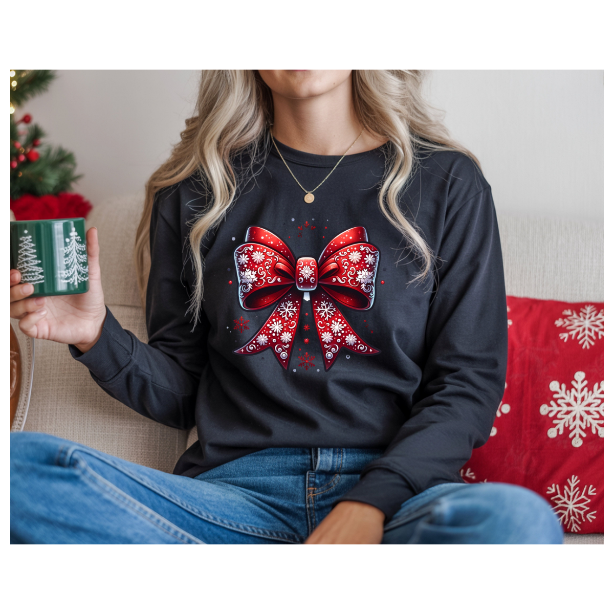 Christmas Red Bow Long Sleeve Tee