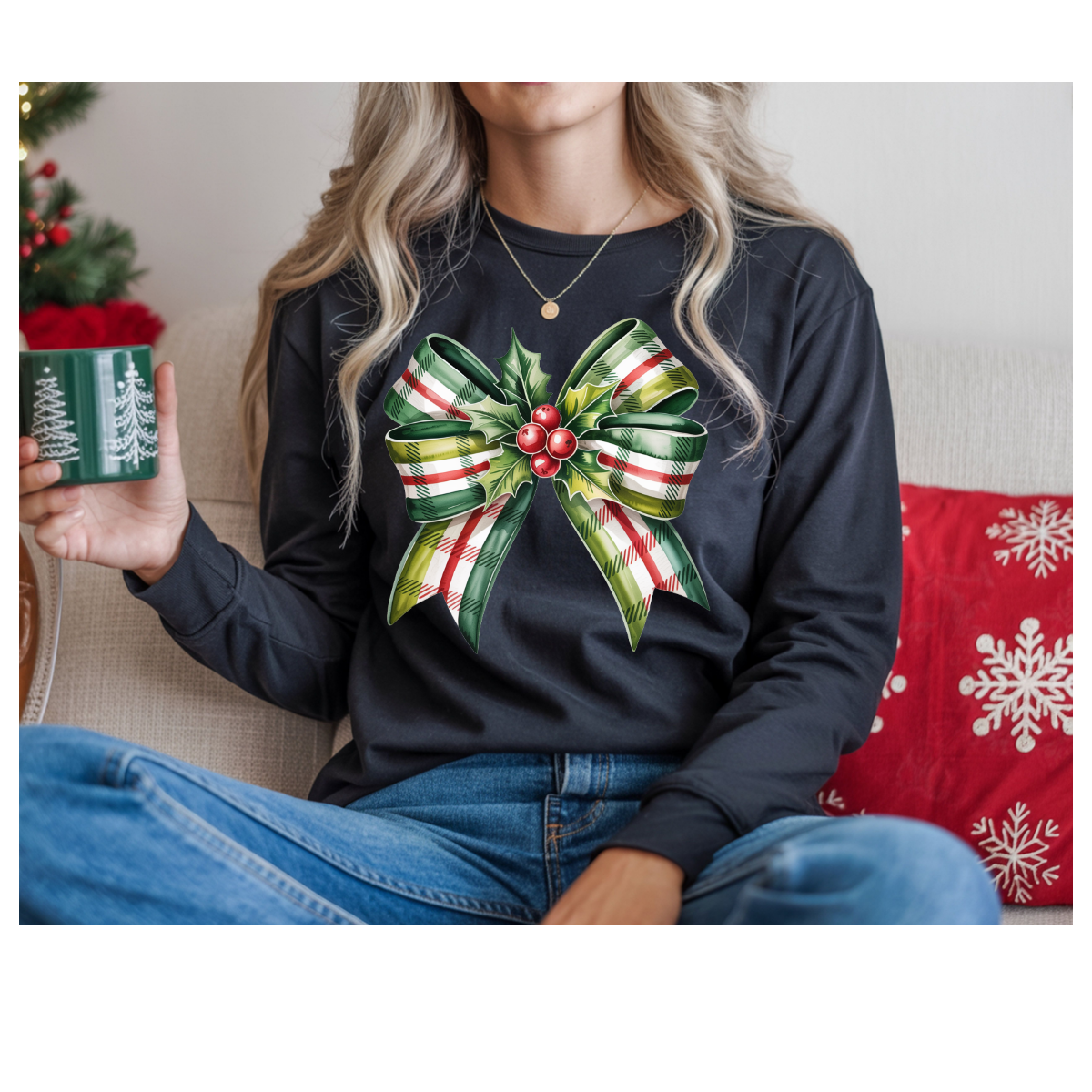 Christmas Plaid Bow Long Sleeve Tee — Holiday Holly Ribbon Shirt
