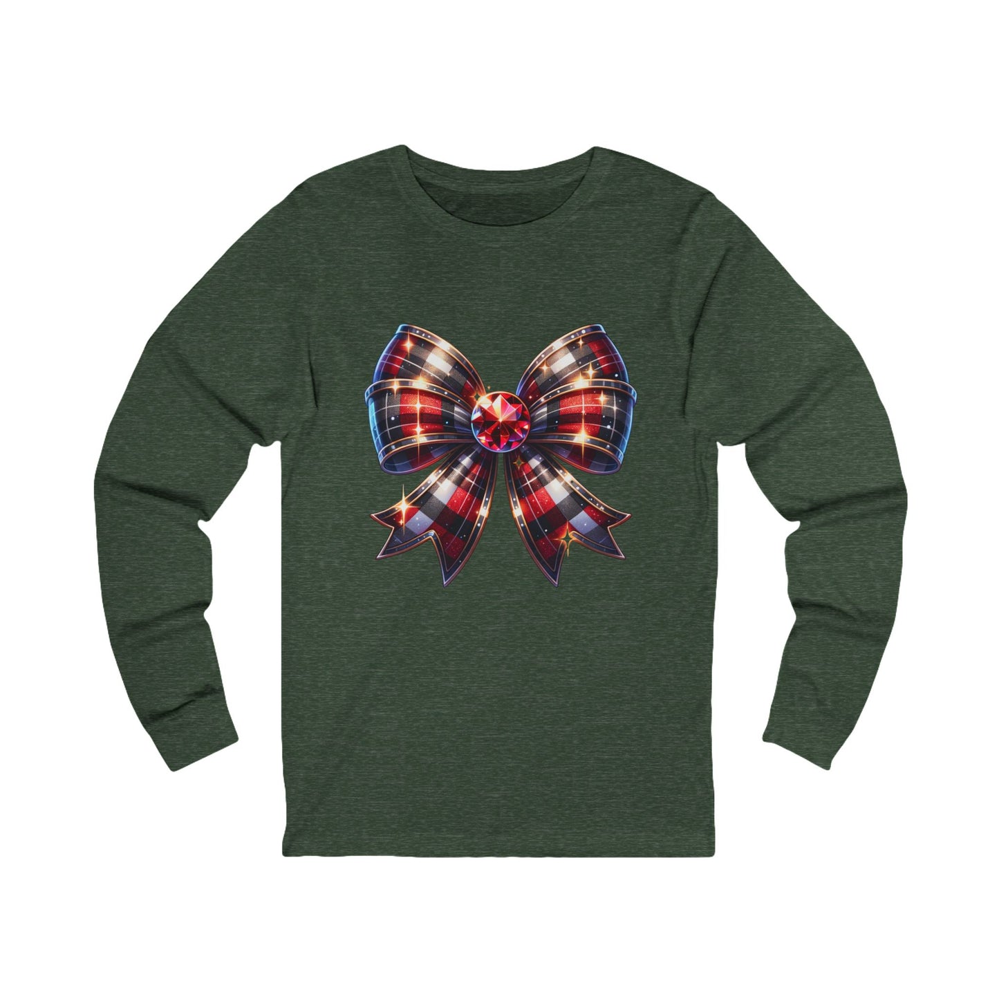 Plaid Holiday Bow Long Sleeve Tee — Festive Red & Black Ribbon Sparkle Graphic