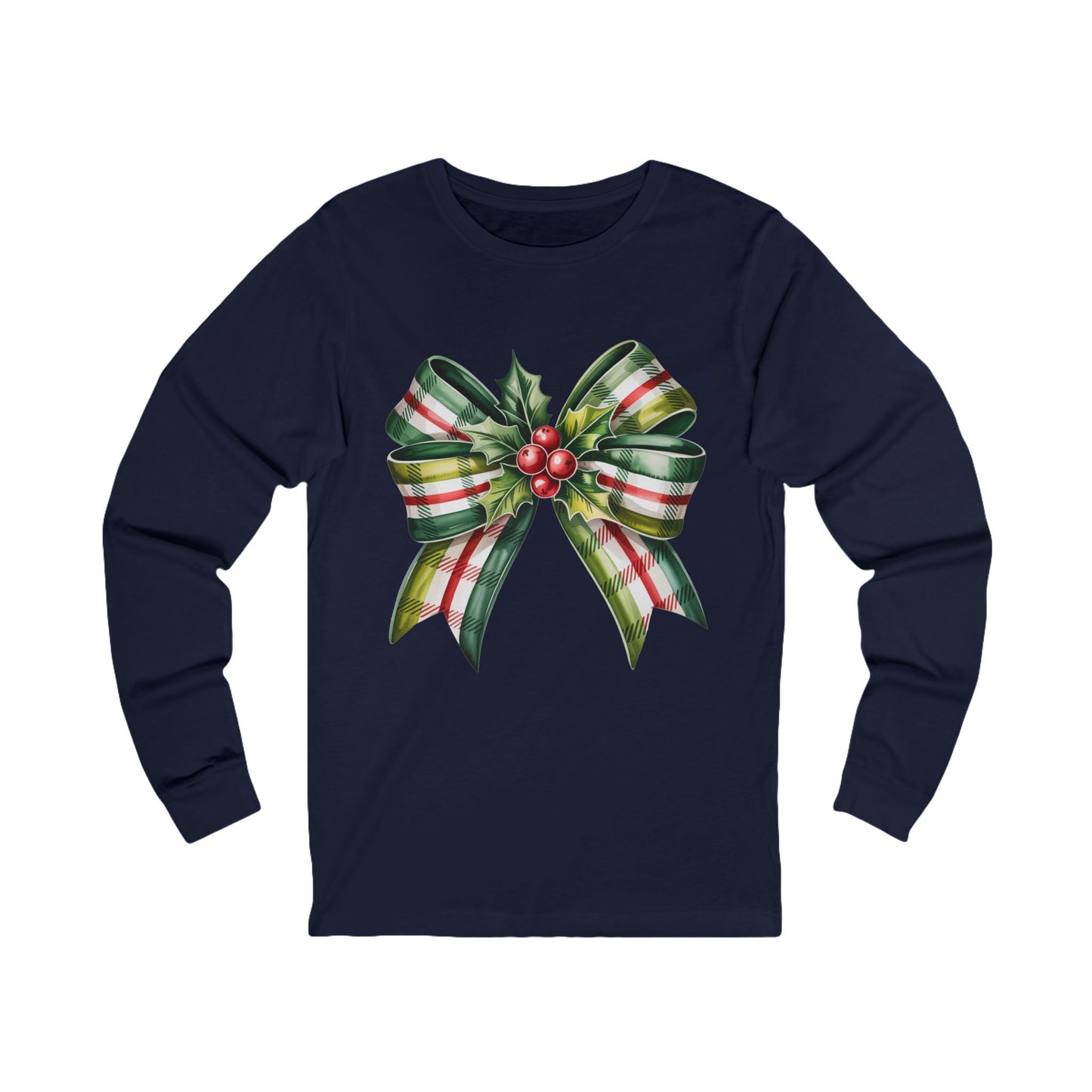 Christmas Plaid Bow Long Sleeve Tee — Holiday Holly Ribbon Shirt