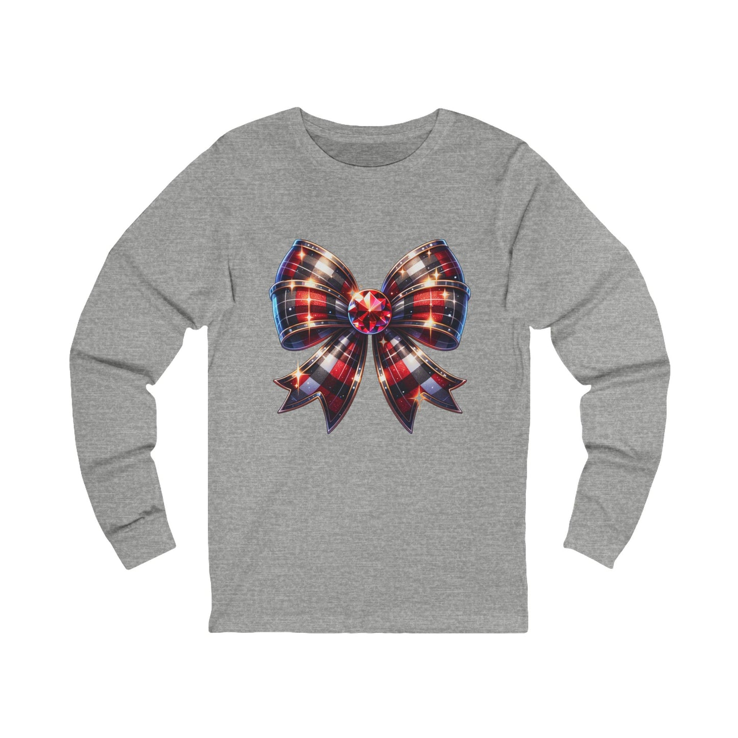 Plaid Holiday Bow Long Sleeve Tee — Festive Red & Black Ribbon Sparkle Graphic