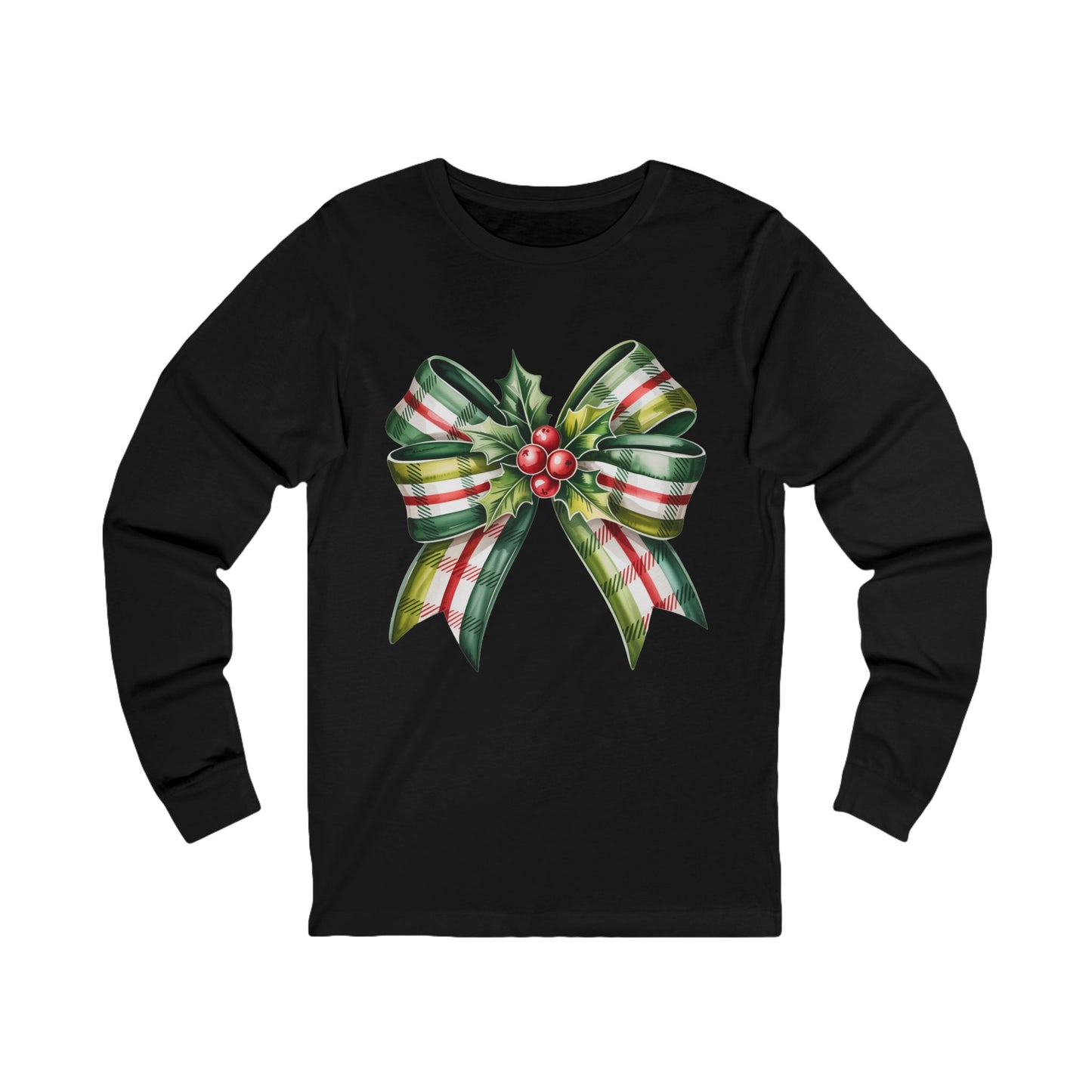 Christmas Plaid Bow Long Sleeve Tee — Holiday Holly Ribbon Shirt