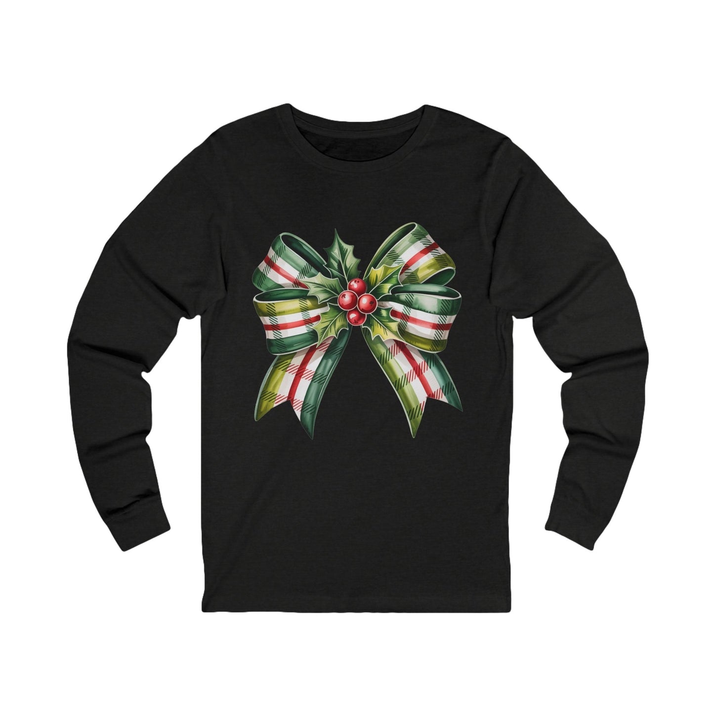 Christmas Plaid Bow Long Sleeve Tee — Holiday Holly Ribbon Shirt