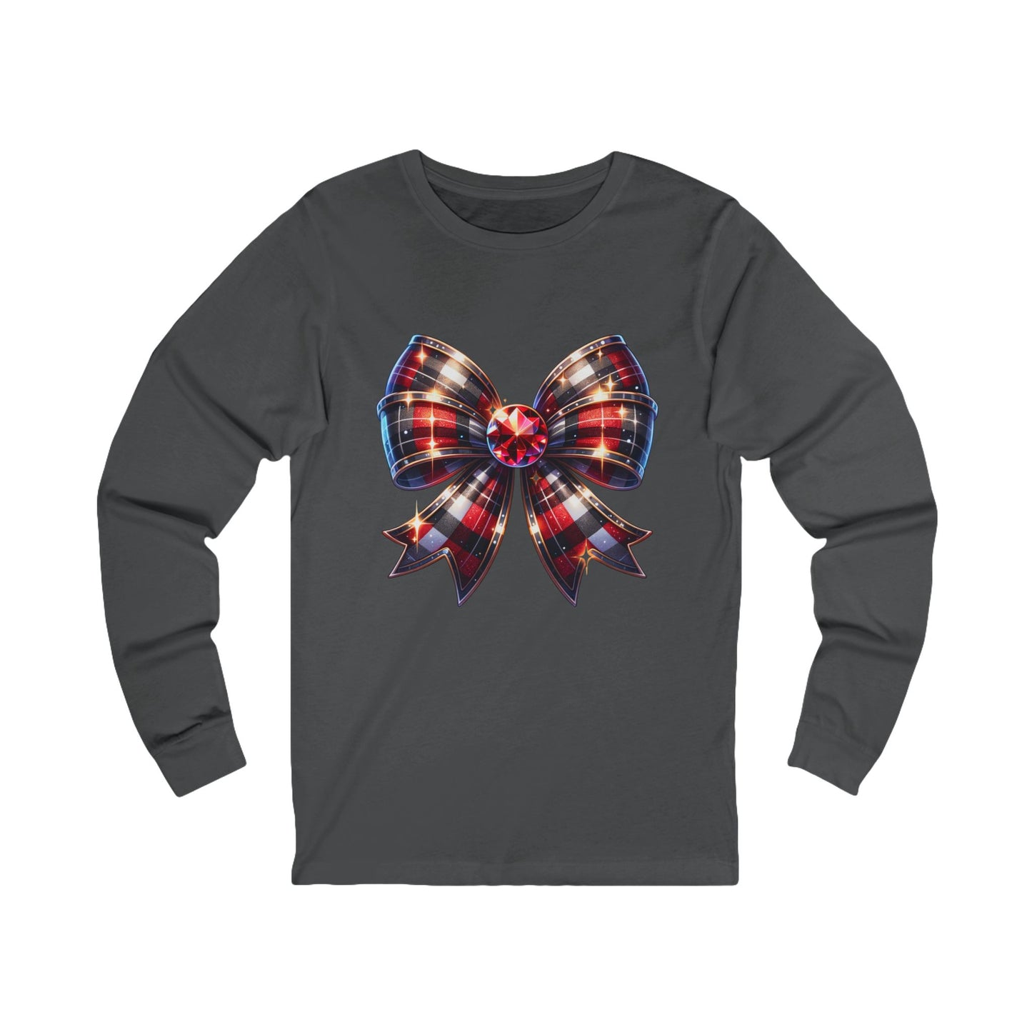 Plaid Holiday Bow Long Sleeve Tee — Festive Red & Black Ribbon Sparkle Graphic