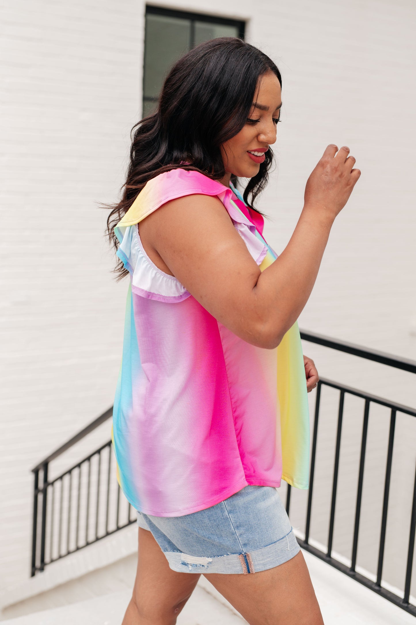 Lizzy Flutter Sleeve Top in Ombre Rainbow