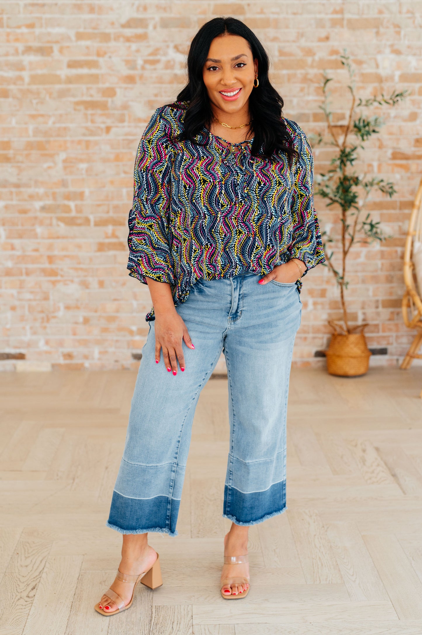 Willow Bell Sleeve Top in Navy Rainbow Rope