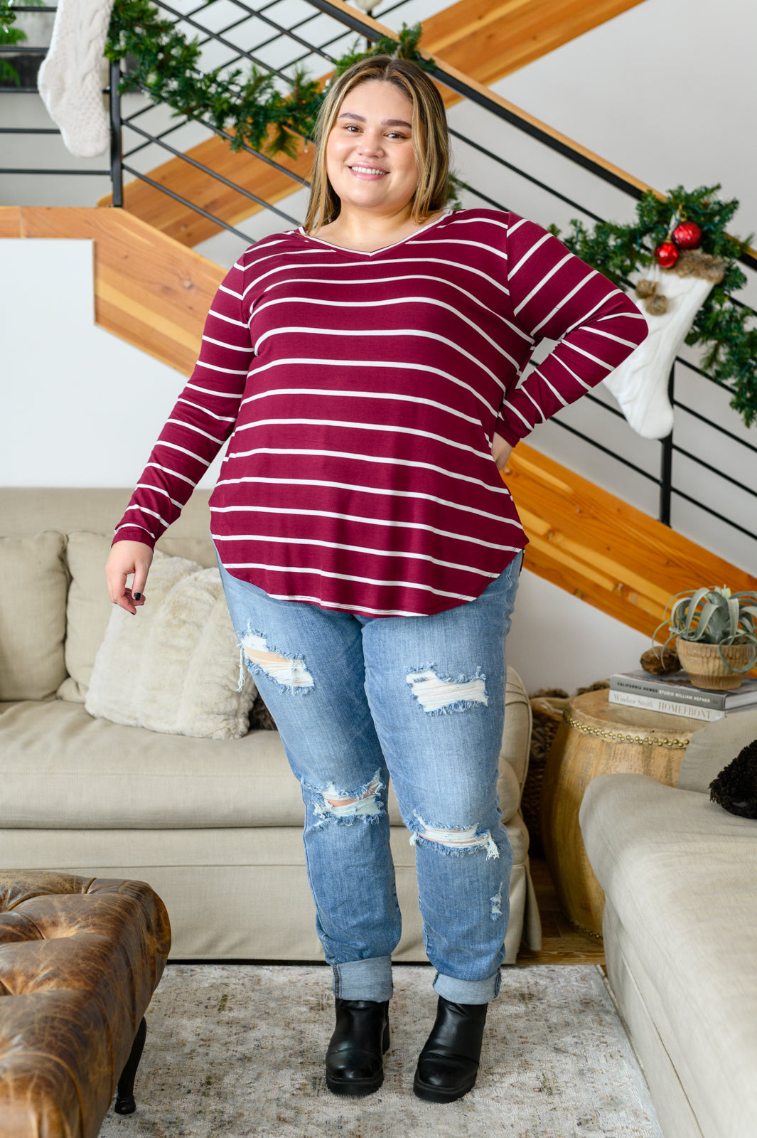 Erika Striped V-Neck Long Sleeve Top in Burgundy