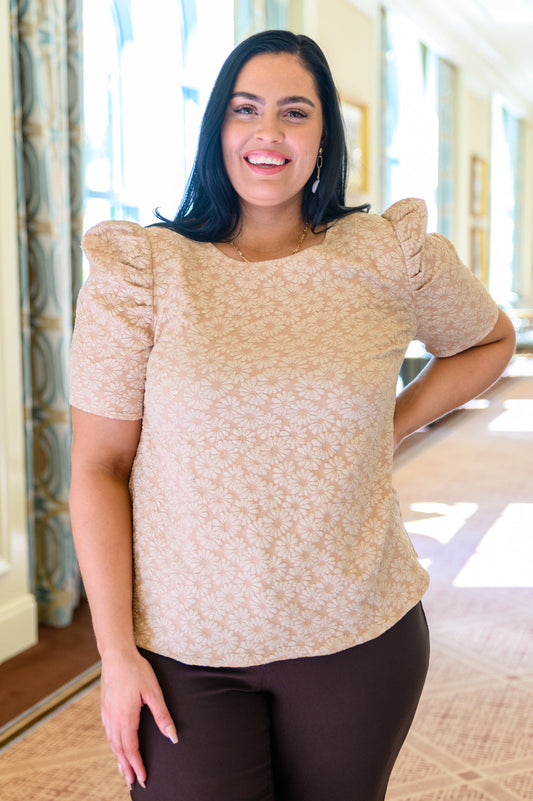 Kelsi Jacquard Puff Sleeve Top In Tan